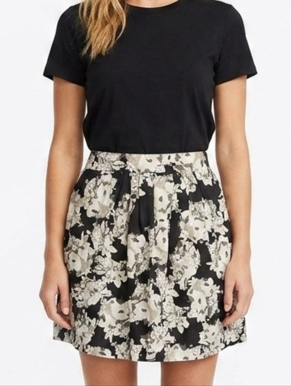 Shade Clothing 100% Cotton Floral Midi Skirt Large Black White Pleated Boho